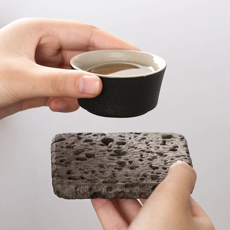 Tea Coaster Cup Mat 9x9cm Volcanic Stone Absorbent Heat Resistant Hand-Polished Zen Kung Fu Tea Set Home Office Decor Gift