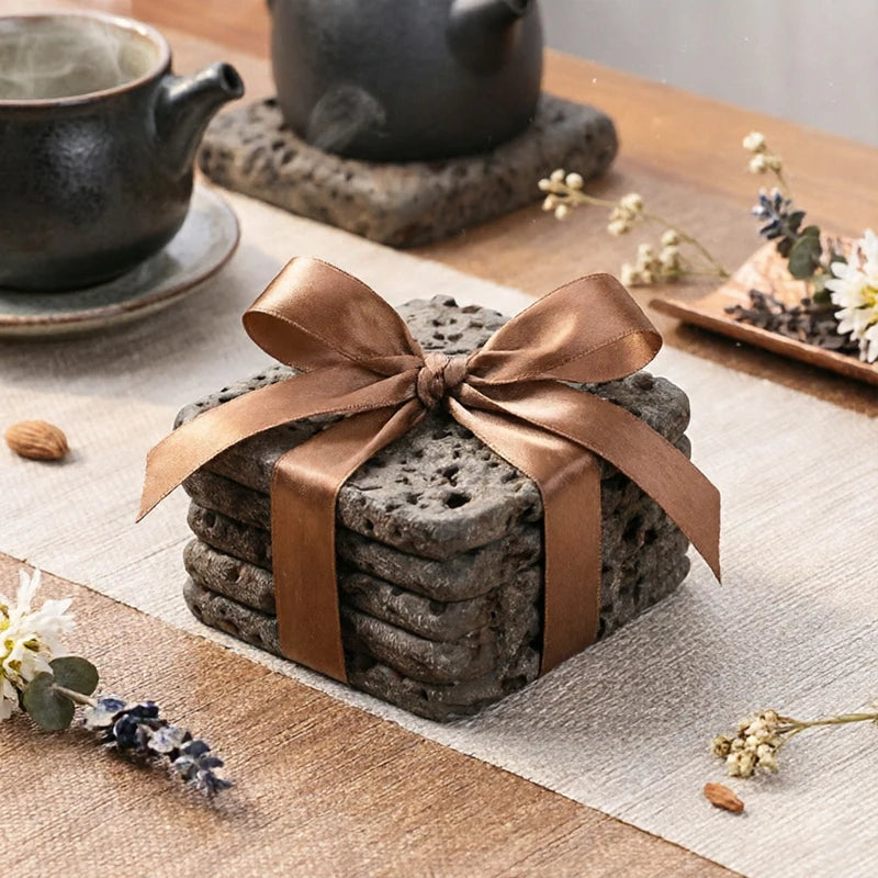 Tea Coaster Cup Mat 9x9cm Volcanic Stone Absorbent Heat Resistant Hand-Polished Zen Kung Fu Tea Set Home Office Decor Gift