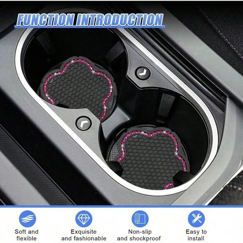 2pcs Bling Flower Shaped Car Cup Coasters, Waterproof Non - Slip Vehicle Interior Decoration Beverage Pad Accessories(Pink)