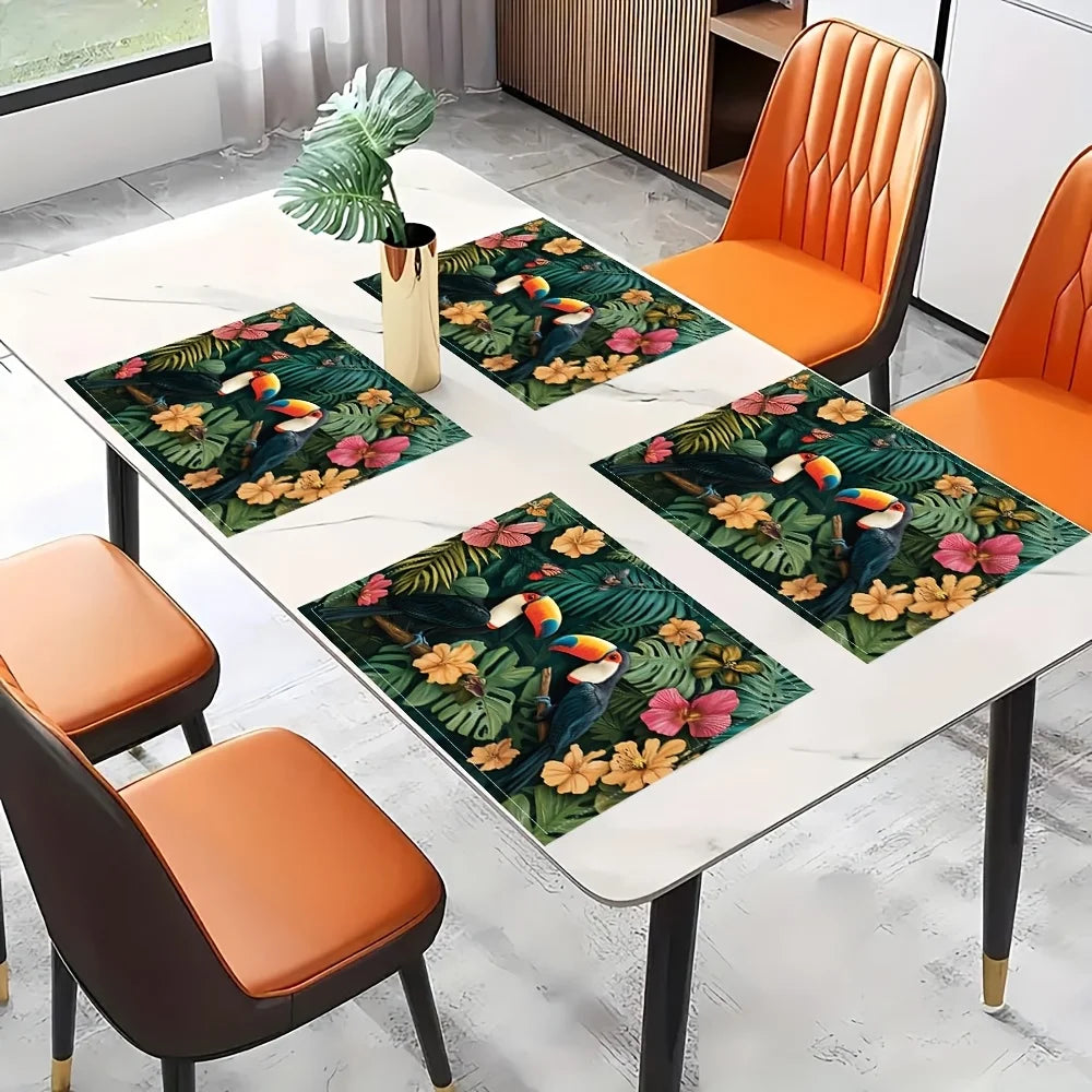 4pcs, Tropical Placemats Set Of 4 Toucan Bird Hibiscus Flower Print Washable Table Mats For Dining Kitchen Decor