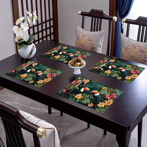 4pcs, Tropical Placemats Set Of 4 Toucan Bird Hibiscus Flower Print Washable Table Mats For Dining Kitchen Decor